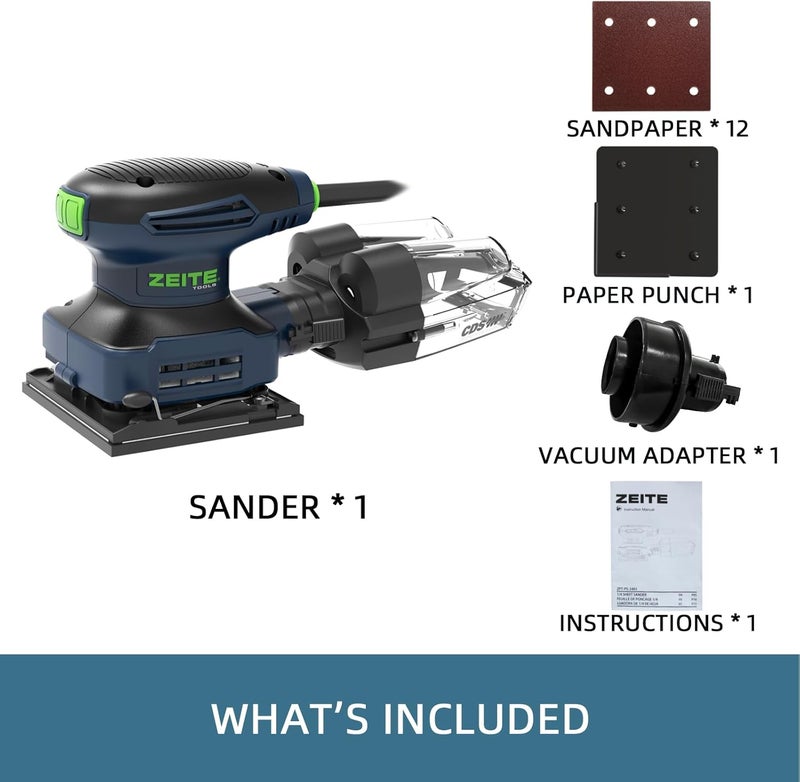 zeite 2.4 Amp 1/4 Sheet Sander with 12Pcs Sandpapers, Electric Palm Sander for Woodworking, 10 Ft Cord, 14000 OPM, Vacuum Attachment, Cyclonic Dust Box for Wood Polishing Sanding - Image 3